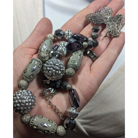 Handmade Fairycore Chunky Butterfly Silver Tone Beaded Necklace - Picture 3 of 5